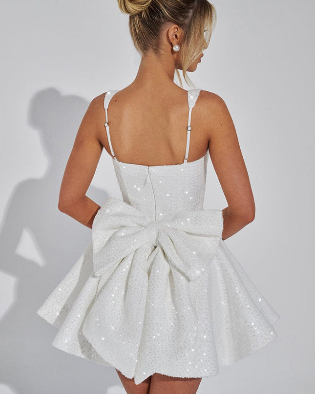 "Starlit Bow" Sequin Square Neck Mini Dress