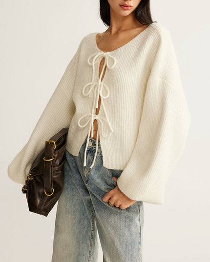 "Cream Tie-Front" Knit Cardigan