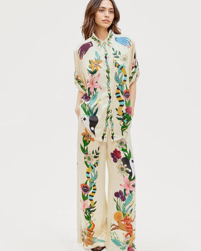 Satin Oversized Blouse  Print Two-Piece Set