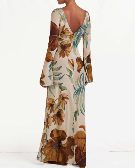 "Tropical Sepia" Floral Print Maxi Dress