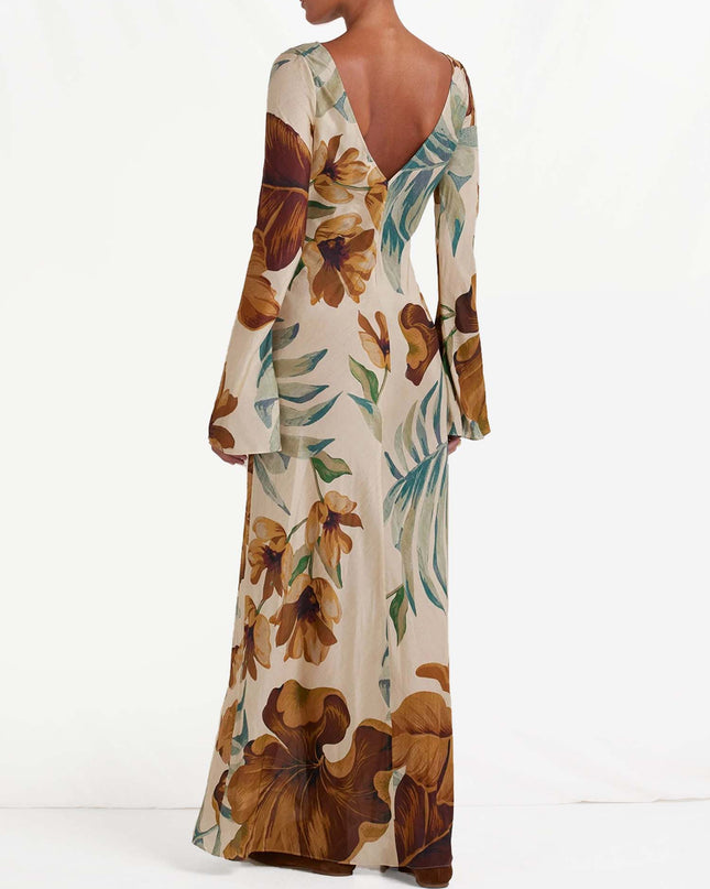 "Tropical Sepia" Floral Print Maxi Dress