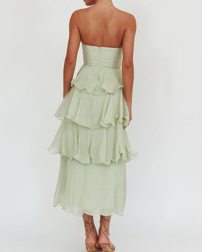 "Sage Ruffle" Strapless Tiered Maxi Dress