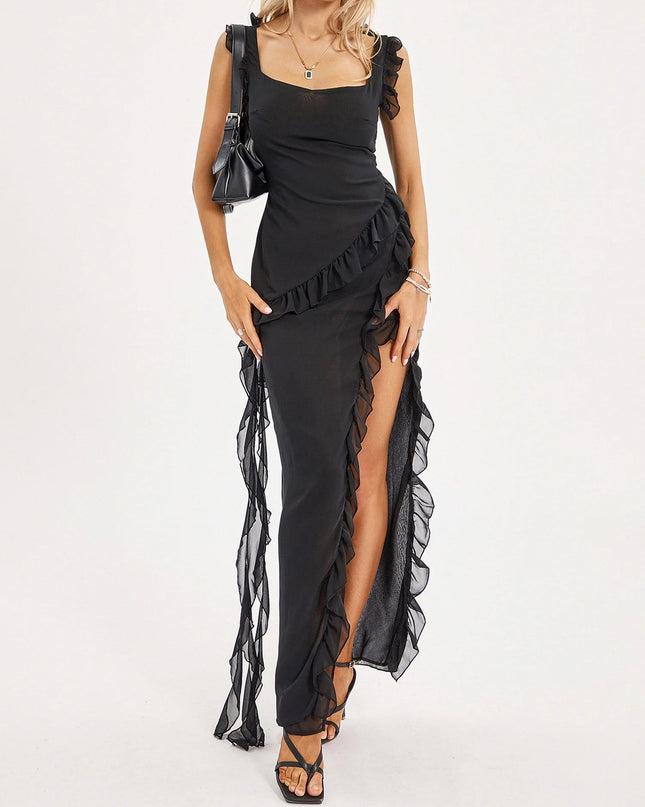"Noir Ruffle" Asymmetric Maxi Dress