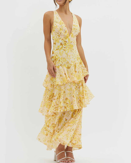 "Sunlit Petal" Yellow Floral Tiered Maxi Dress