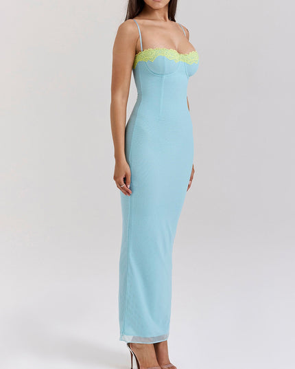 "Lemon Lace" Light Blue Mesh Maxi Dress with Yellow Lace Trim