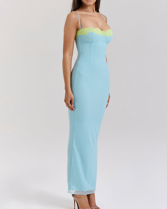 "Lemon Lace" Light Blue Mesh Maxi Dress with Yellow Lace Trim