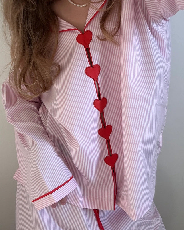 "Heart Stripe" Pink Stripe & Red Heart Button Cotton Pajama Set