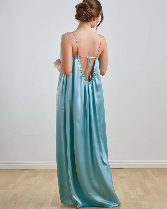 "Aqua Satin" Strappy Gathered Maxi Dress