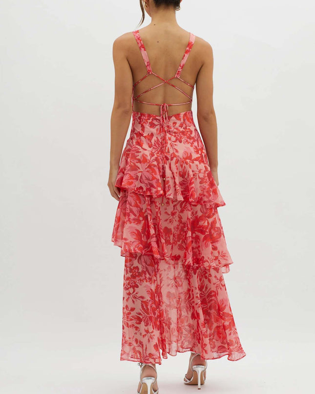 "Crimson Petal" Red Floral Tiered Maxi Dress