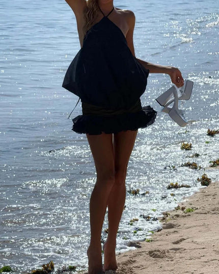 "Midnight Ruffle" Black Halter Ruffled Mini Dress