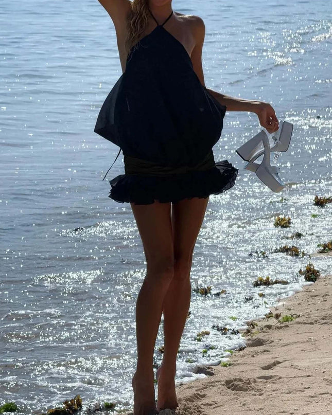"Midnight Ruffle" Black Halter Ruffled Mini Dress