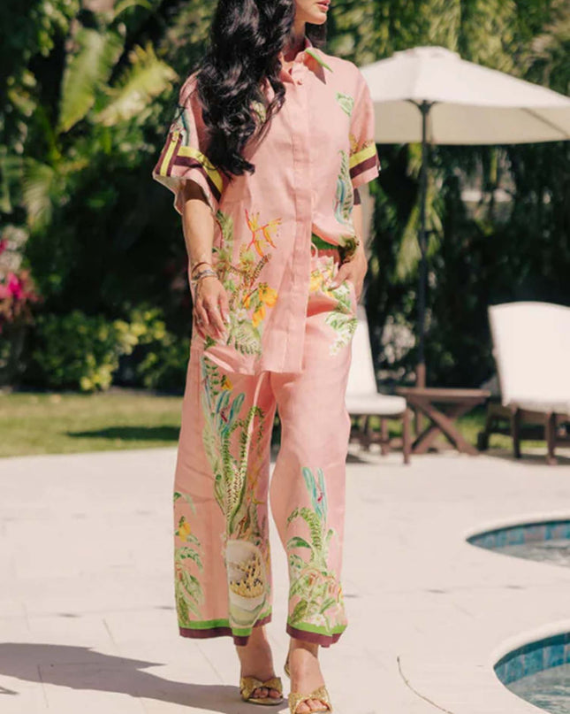 "Tropical Papaya" Blush Linen Tropical Print Set
