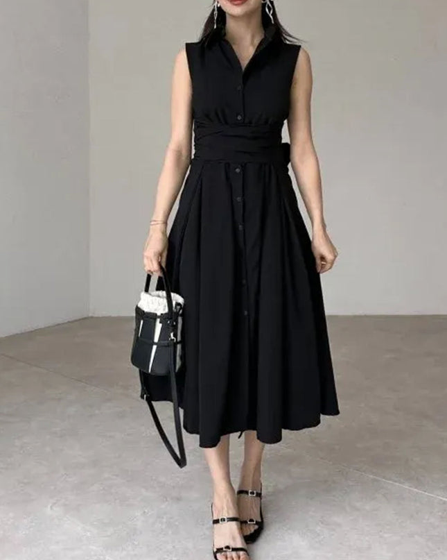 "Tie Waist Poplin" Sleeveless Midi Dress