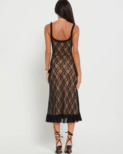 "Lace Lattice" Sheer Overlay Midi Dress