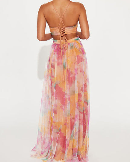 "Sunset Watercolor" Cutout Chiffon Maxi Dress
