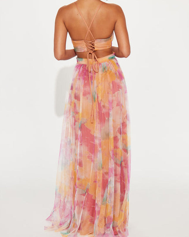 "Sunset Watercolor" Cutout Chiffon Maxi Dress