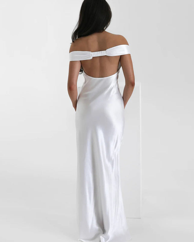 "Bridal Bliss" White Satin Off-the-Shoulder Maxi Dress