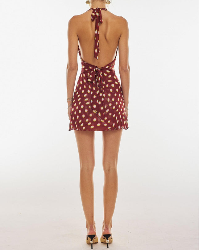 "Sunset Dot" Burgundy Halter Polka Dot Mini Dress