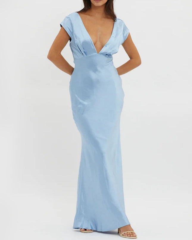 "Sky Satin" Plunge V-Neck Maxi Dress