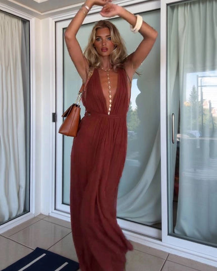 "Terracotta Breeze" Halter Neck Plunge Maxi Dress
