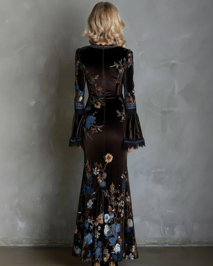 Elegant Velvet Floral Print Lace Flared Sleeve Fishtail Maxi Dress