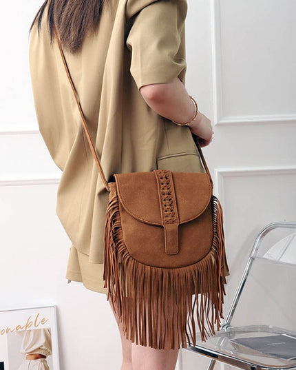 Woven Semi Circular Leather Tassel Crossbody Bag