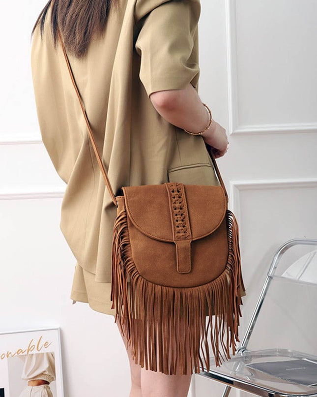 Woven Semi Circular Leather Tassel Crossbody Bag