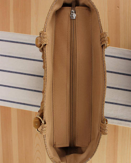Bamboo Handle Striped Contrast Color Straw Handbag
