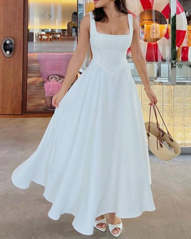 Elegant Sling Square Collar Large Swing MidI Dress