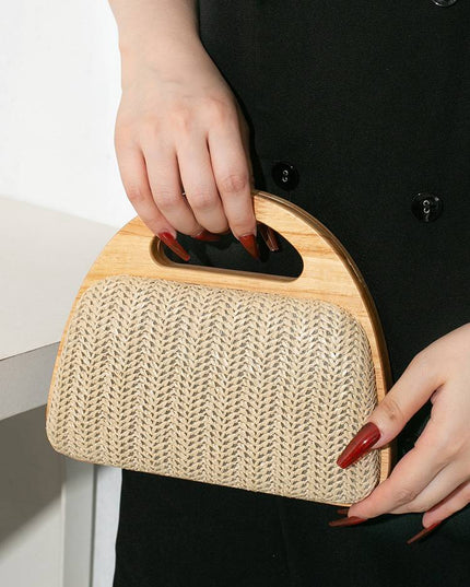 Straw and wood patchwork handbag