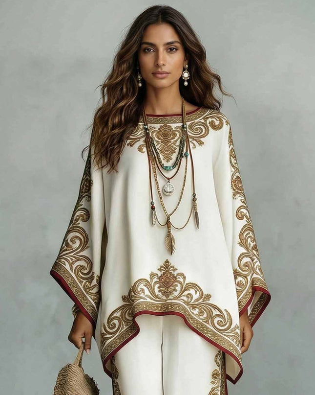 Elegant Satin Printed Oversized Shawl Top & Pants Two-Piece Set