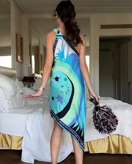"Cosmic Wave" One-Shoulder Abstract Print Asymmetrical Midi Dress