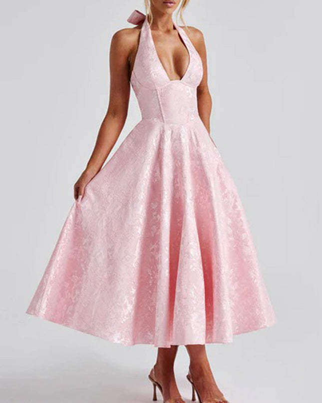 "Blush Jacquard" Halter Midi Dress