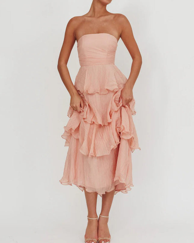 "Peach Whisper" Peach Strapless Tiered Maxi Dress