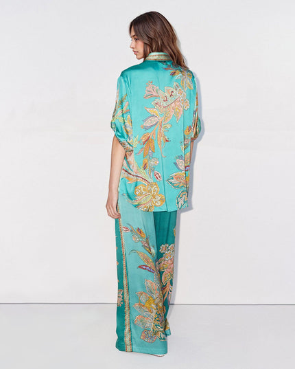 "Emerald Paisley" Teal Satin Floral Two-Piece Set