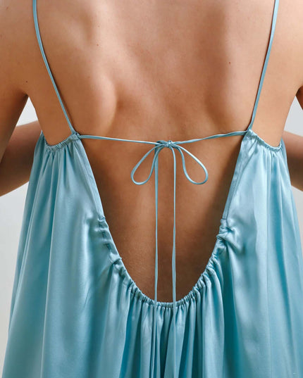 "Aqua Satin" Strappy Gathered Maxi Dress