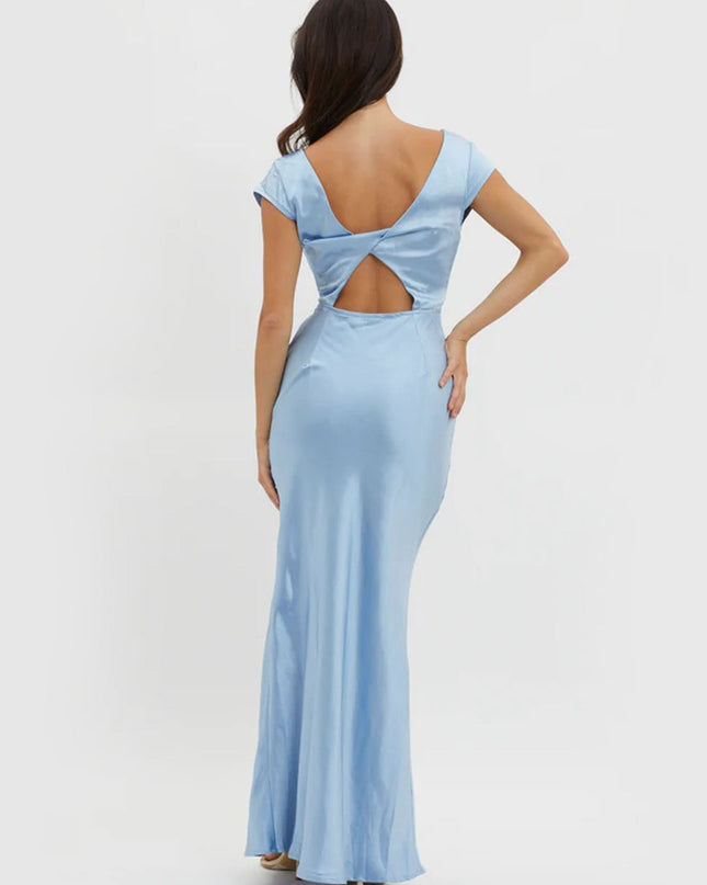 "Sky Satin" Plunge V-Neck Maxi Dress