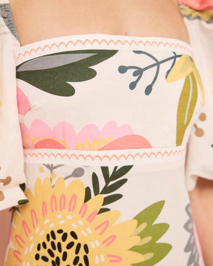 "Sunflower Garden" Floral Print Puff Sleeve Maxi Dress