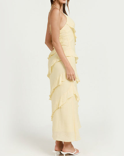 "Sunlit Ruffle" Yellow Halter Ruffle Midi Dress
