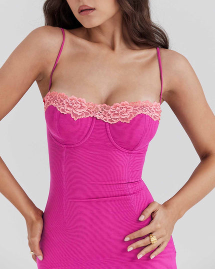 "Blush Lace" Hot Pink Mesh Maxi Dress with Pink Lace Trim