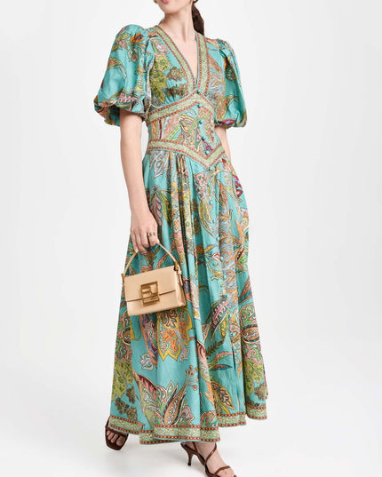 "Turquoise Paisley" Puff Sleeve V-Neck Maxi Dress