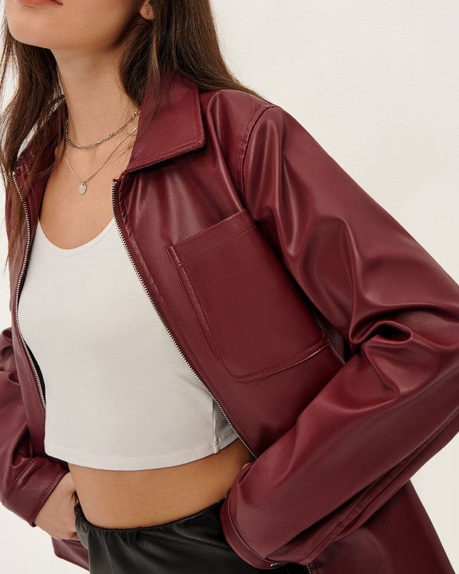 "Scarlet Edge" Burgundy Faux Leather Cropped Jacket