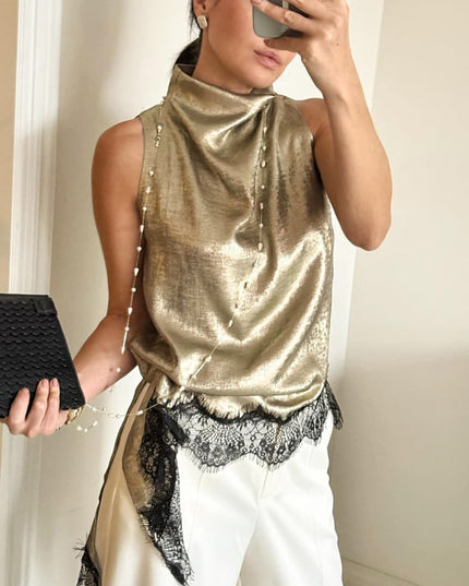 "Metallic Lace" Gold/Black Sleeveless High-Neck Asymmetrical Top