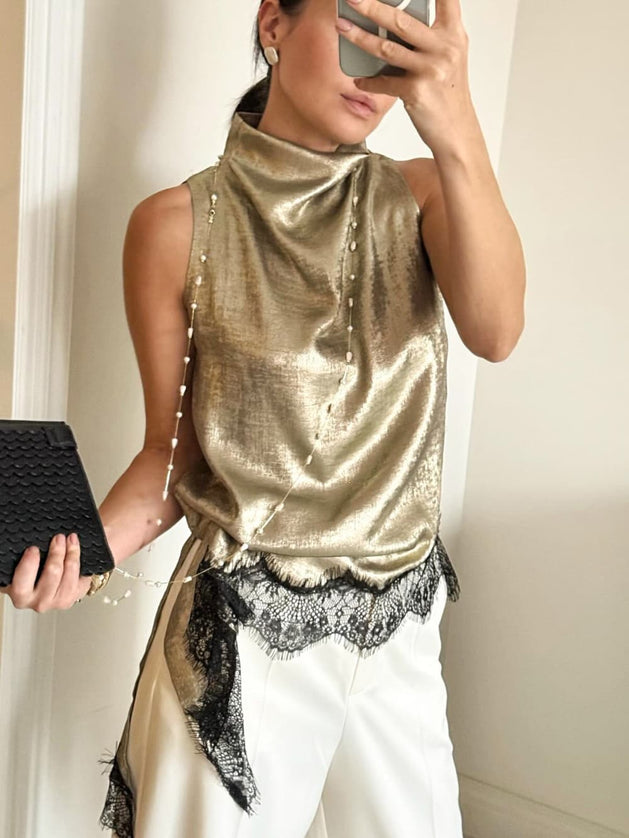 "Metallic Lace" Gold/Black Sleeveless High-Neck Asymmetrical Top