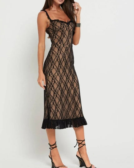 "Lace Lattice" Sheer Overlay Midi Dress