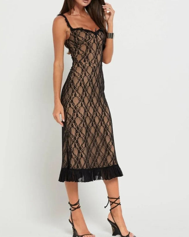 "Lace Lattice" Sheer Overlay Midi Dress