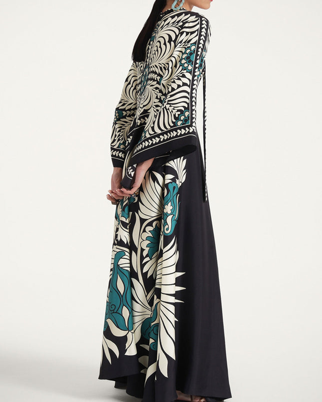 "Noir Tropics" Bold Floral Print Kaftan Maxi Dress