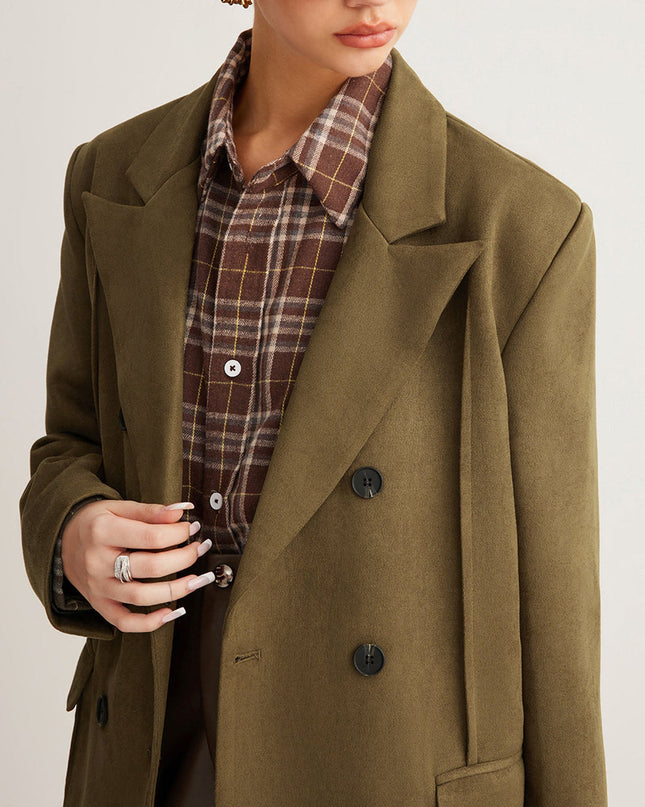 "Olive Tactical" Olive Faux Suede Double-Breasted Blazer