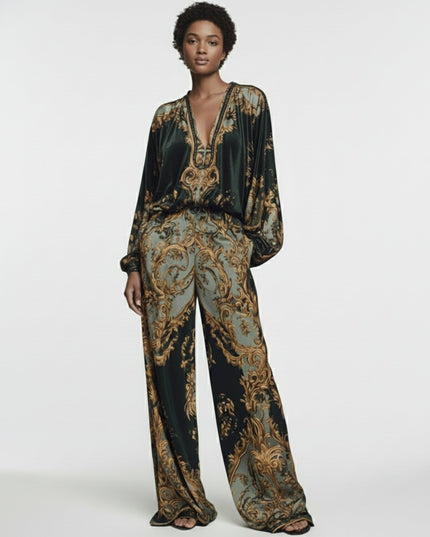 "Regal Baroque" Emerald Gold Baroque Print Two-Piece Set