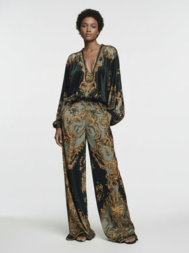 "Regal Baroque" Emerald Gold Baroque Print Two-Piece Set